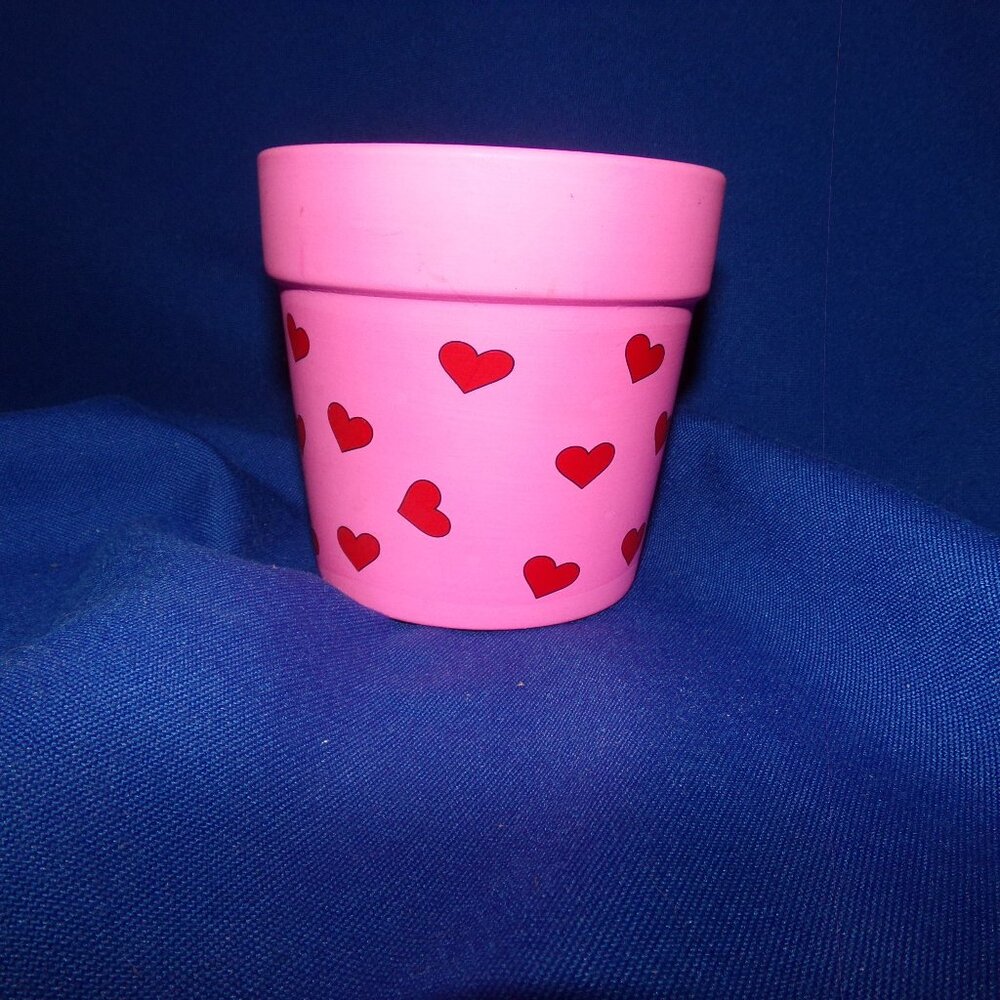 Vintage Pink & Red Heart Clay Pot Planter